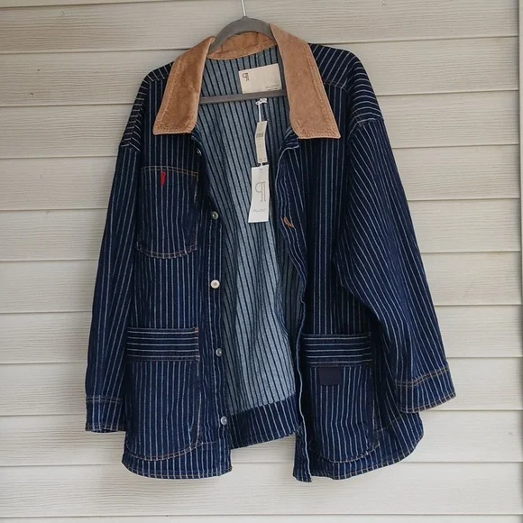 Anthropologie Pilcro Navy Striped Utility Jacket, Cotton and Elastane/Pockets